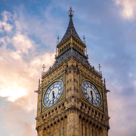 Parliament showing a close up of Big Ben clock tower with a sky background
