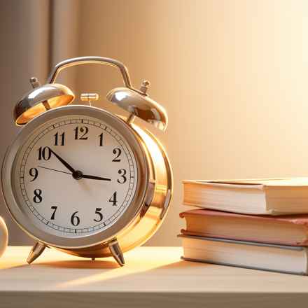 Alarm clock on desk with sunlight shining down