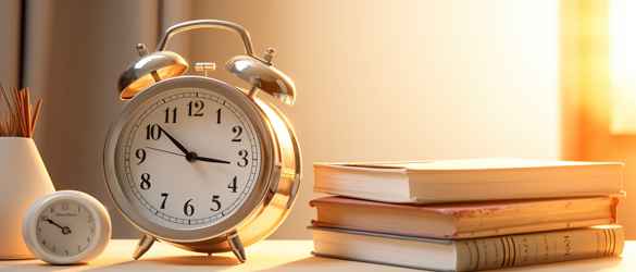 Alarm clock on desk with sunlight shining down