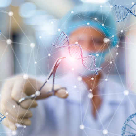 Researcher with graphics of DNA