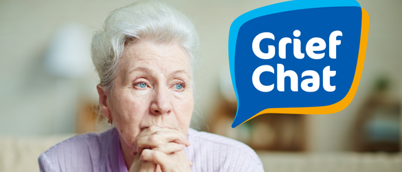 Elderly lady looking to side with grief chat logo